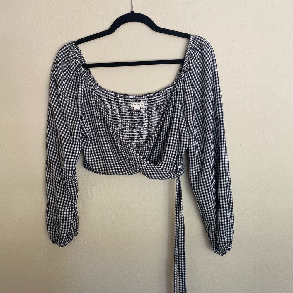 3/4 sleeve checkered wrap crop top with puffy sleeves